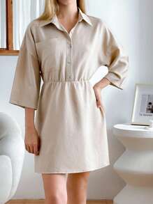 EURMUSE Vestido curto elegante de linho com botões frontais e elásticos, para mulheres - Bege - Ver 1