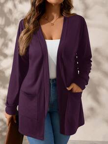 SHEIN Clasi Jaket Rajut Ungu Tua Lengan Panjang dengan Kantong, Ukuran Besar, Pakaian Musim Gugur untuk Wanita - Red Violet - View 2