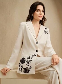 Anewsta Women's Fashion Embroidered Collar Blazer Jacket, Commuter Wear - Apricot - View 4