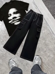 SHEIN 青少年男孩时尚休闲 Y2K 复古酷炫口袋和撞色缝线设计黑色牛仔宽松工装裤，适合儿童日常穿着，也适合夏季和秋季锐舞音乐节、海滩和街头风格穿着。 - 黑色 - 查看 1