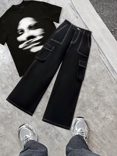 SHEIN Tween Boy Fashion Casual Y2k Vintage Cool Pockets And Contrasting Color Stitching Design Black Denim Loose Workwear Jeans For Kids Clothes Boy Soft Dailywear And Kids Summer And Fall Rave Outfits Festival And Beach Outfits Streetwear School Clothes