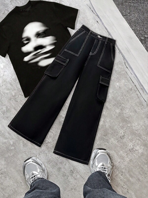 SHEIN 青少年男孩时尚休闲 Y2K 复古酷炫口袋和撞色缝线设计黑色牛仔宽松工装裤，适合儿童日常穿着，也适合夏季和秋季锐舞音乐节、海滩和街头风格穿着。