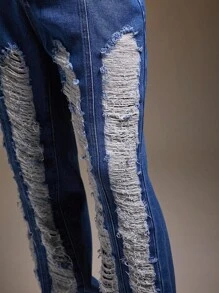 FeverCity Men's Casual Distressed Frayed Pocket Denim Jeans, Emo Style - Blue - View 4