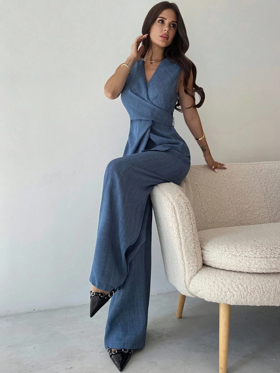 Firerie 女士休闲优雅仿麻纹理阔腿裤两件套西装/蓝色西装/办公室装/精致职业装/腰部上衣套装/秋季女装/女装返校装/女教师装/外出装/女教堂装/商务休闲女装/商务休闲女装