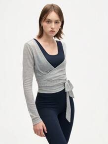 Eassivo Eassivo 女式休闲轻质纹理系带长袖运动 T 恤，四季皆宜，女式长袖上衣，裹身上衣，健身上衣，健身房上衣 - 淺灰色 - 查看 5