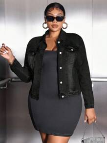 SHEIN SXY 大码休闲街头风格纯色长袖单排扣口袋牛仔夹克 - 黑色 - 查看 3