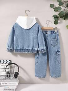YOUNG BOYS 2-Piece Set: Zip-Up Denim Jacket With Elastic Hem & Cuffs Paired With Loose Cargo Pants, Fashionable Streetwear Style, Suitable For Spring/Summer