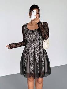 Firerie Plus Size Women Elegant Fitted Lace Rose Flared Mesh Patchwork Cocktail Party Formal Dress, Long Sleeve - Black - View 4