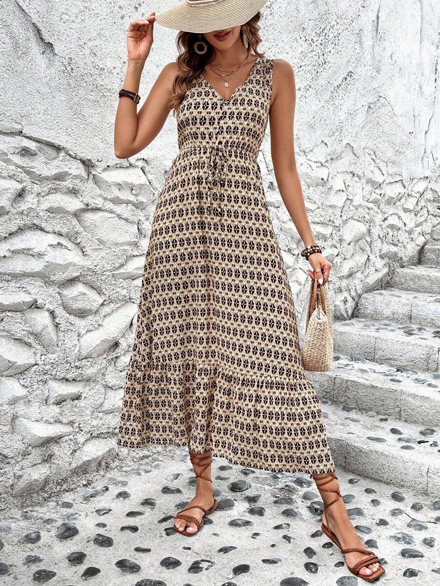 SHEIN Clasi Women's Sleeveless Geometric Print Dress With Ruffled Hemline Maxi Women Outfit - Khaki - View 1