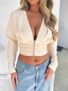 Roylia Chaqueta de mujer con cuello en V, cintura plisada y manga larga con botones, versátil y estilizadora - Albaricoque - Ver 3