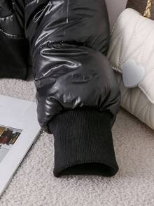 SHEIN 1pc Tween Girl High Waist Short Fitted Padded Coat, Detachable Furry Collar Hooded Casual Padded Coat For Autumn/Winter Fall