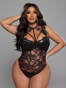NU&NOW 大码女装春夏新年黑色蕾丝性感镂空系带前卫法式休闲年轻优雅时尚弹力针织百搭舒适内搭/外穿，年轻优雅性感拼接性感女式上衣，性感度假装，社交连体衣，黑色上衣，黑色连体衣，黑色胸衣，紧身高端透明露肩修身纯色连体衣 - 黑色 - 查看 4