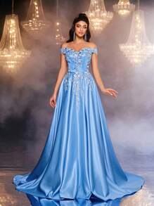 Glamrae 优雅奢华露肩彩色刺绣蕾丝拼布缎面长裙，适合婚礼、派对、度假、舞会、毕业典礼、正式场合（重刺绣） - 藍色 - 查看 8