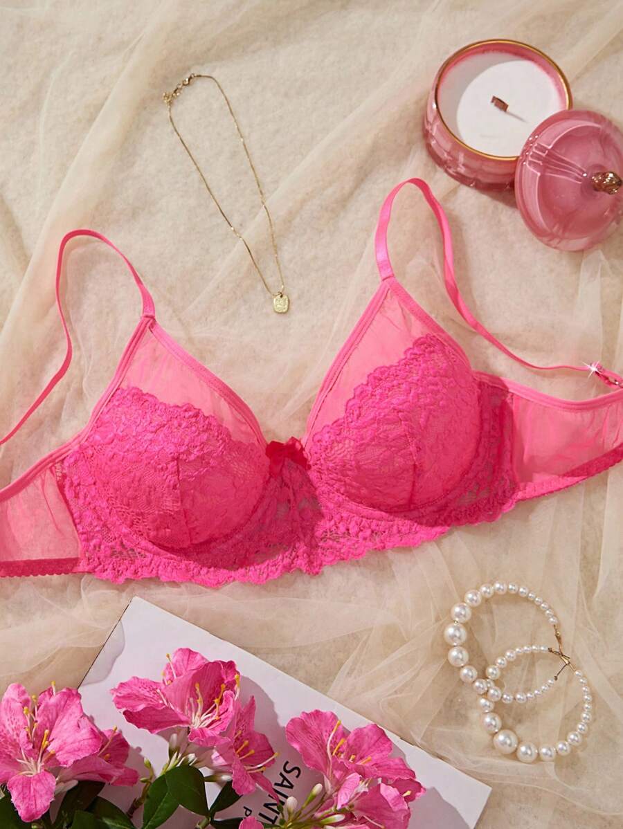 SHEIN Hot Pink Sheer Lace Push Up Bra With Style For Everyday Confidence Pink Lace Bra Pink Push Up Bra Bras For Women Pink Lace Push Up Bra Cute Bras