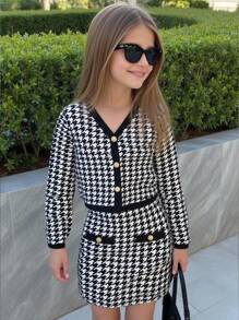 SHEIN 2pcs/Set Young Girl Knitted Plaid Contrast Color Cardigan And Knitted Mini Skirt Set. Great For Casual & Daily Wear & School Daily In Autumn & Winter, For Christmas, Young Girl Winter Clothes, Christmas Clothes, Party Wear, Daily Wear School Daily, Birthday Clothes, Princess Clothes