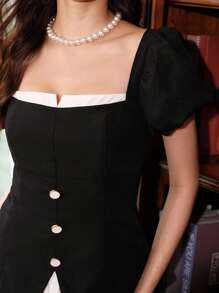 SHEIN MOD Vestido de moda con diseño de botones, mangas abullonadas y cuello cuadrado 2 en 1 para mujer