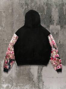 ROMWE MEN Anime Men's Floral Print Patchwork Hoodie Sweatshirt, Suitable For Everyday Wear - Black - View 2