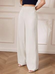 Briarwyn Elegant Off-White Women Pants For Autumn,Single-Breasted Button-Down Side Opening Woven Straight Leg,Business Casual Office Work,Old Money Clothes - Apricot - View 2