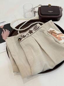 SHEIN Clasi 2025 夏秋新款复古高腰宽松休闲刺绣阔腿裤，优雅休闲风格适合工作、休闲、通勤、度假、商务、节日、独立日、返校、教师节、婚礼、派对、音乐节、万圣节、感恩节秋季 - 杏色 - 查看 8