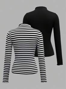 SHEIN EZwear 2 件休闲修身长袖 T 恤，条纹，适合秋冬季 - 彩色 - 查看 2