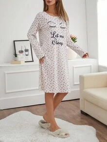 Women Cotton Floral Pattern With Eye Lettered Printed Long Sleeve Homewear Sleep Pajama Dress Women Pajama Dress Long Sleeve Nightgown Cute Sleepwear Women Cute Sleep Set Sleepwear Dress