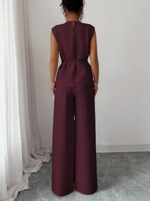 Elenzga 女士优雅办公室通勤休闲下午茶派对装，领腰金属扣可调节肩部金属扣装饰不对称下摆分层衬衫搭配宽松阔腿裤，两件套，春夏 - 紫紅色 - 查看 2