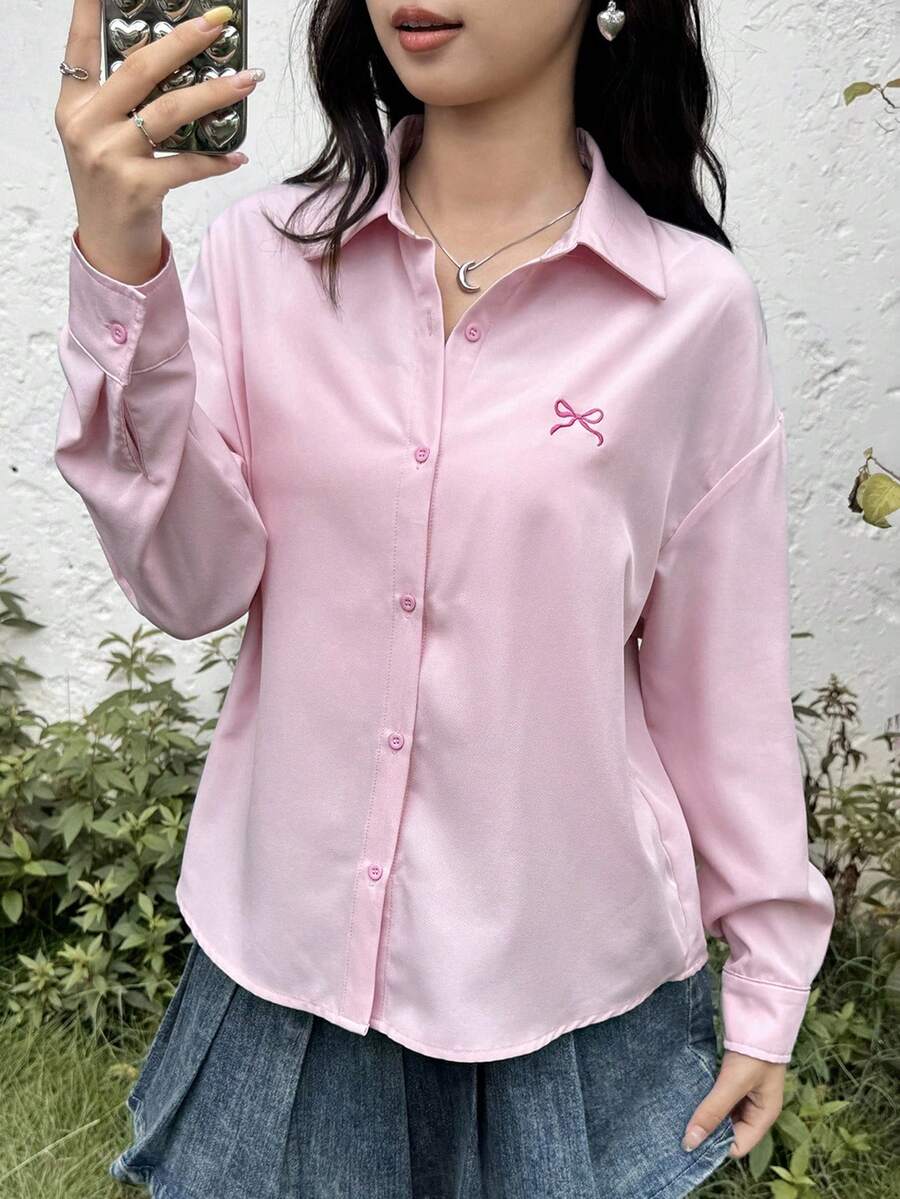 SHEIN Loose Casual Comfortable Collared Embroidered Bow Blouse, Suitable For Teen Girls Back To School Fall Winter