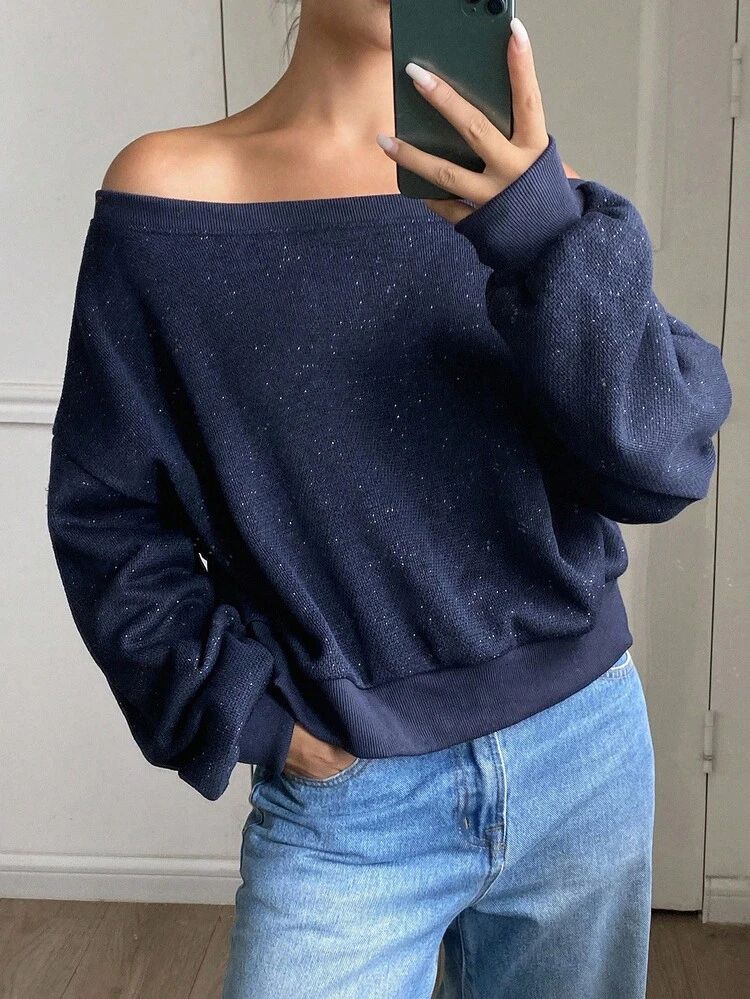 Women's Loose Streetwear Cropped Sweatshirt With Shiny Fabric And Oblique Shoulder, Thermal Lined,Fall Women Clothes