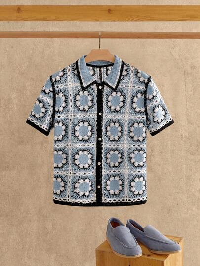 Manfinity BRENVOR Men's Casual Flower Pattern Lapel Hollow Out Short Sleeve Cardigan Men Hawaiian Print Shirts Blue Black And White Shirts Men Men's Resort Wear Boho Men Shirt Men Crochet Shirts, Fall, Winter
