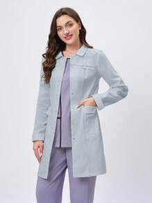 Scrubzie Anti-Wrinkle Long Sleeve Shirt Collar Multi-Pocket Women's Scrub Uniform Jacket - Blue - View 4