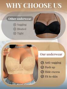 DesireSculpt 1pc Plus Size Lace Comfortable Seamless Supportive Underwire Bra, Lift