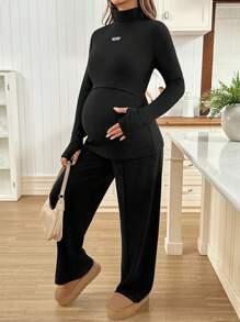 SHEIN 孕妇休闲纯色高领修身哺乳上衣，秋冬