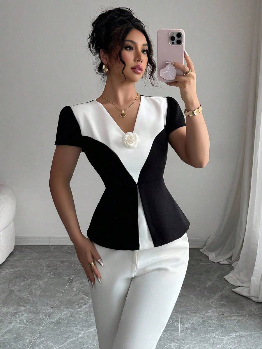 Elenzga Black & White Color Block 3D Rose Flower Elegant Blouse - Black and White - View 1
