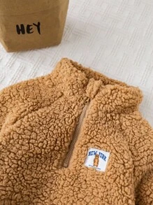 Cozy Pixies Baby Boy Thermal Lined Crew Neck Long Sleeve Half-Zip Pullover Sweatshirt,In Fall/Winter - Camel - View 6