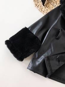 TaviRue Mommy And Me Matching Outfits(2 Pieces Are Sold Separately)Babygirl Cute Black PU Leather Jacket With Fleece Collar, Back To School,Autumn/Winter Fall - Black - View 7