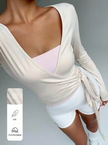 FavEase Cárdigan envolvente rosa para yoga, camiseta superior ceñida de manga larga con cuello en V, suave y elástica, diseño minimalista elegante que combina con todo, esencial para primavera/otoño - Albaricoque - Ver 4