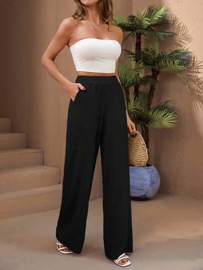 EURMUSE PETITE HIGH WAIST ELASTICAL DRAWSTRING WAIST FLARE LONG LEG TEXTURE PANT