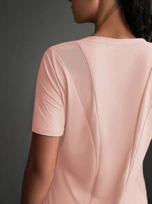 女士休闲运动网眼拼布圆领短袖 T 恤 - 珊瑚粉 - 查看 13