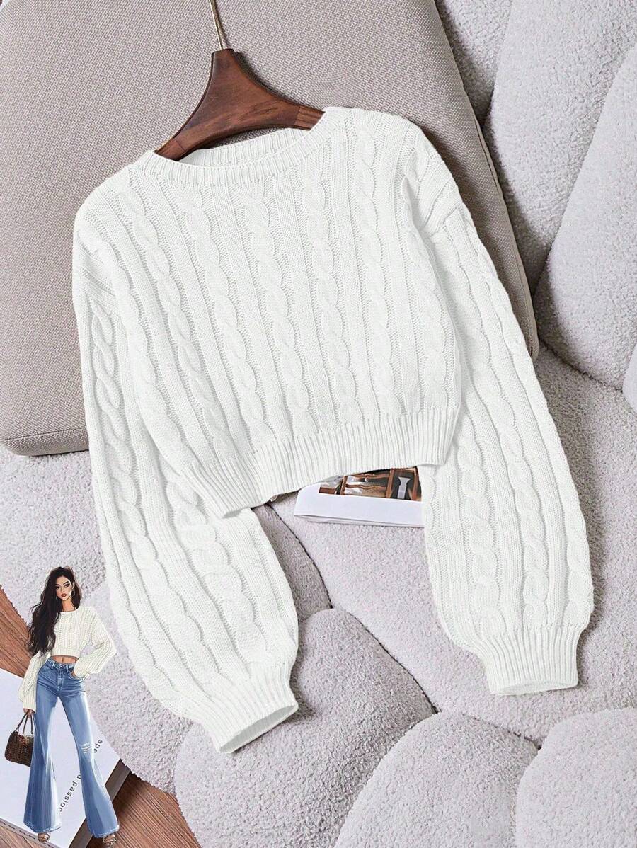 SHEIN PETITE Women's Casual Drop Shoulder Crew Neck Twist Cable Pattern Sweater Knit Pullover Fall Winter - White - View 1