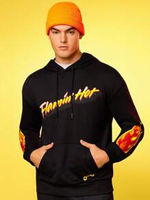 Cheetos X SHEIN Sweatshirt Hoodie Pria dengan Motif Huruf & Api, Saku, dan Tali Serut - Hitam - View 1