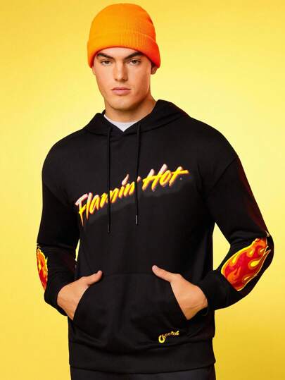 Cheetos X SHEIN Men's Letter & Flame Print Pocket Drawstring Hooded Sweatshirt