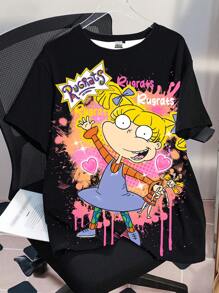 Nick 90s | SHEIN 大码休闲卡通图案圆领短袖T恤 Y2K可爱T恤 图案T恤 女款图案T恤 女款图案T恤 节日女装 - 黑色 - 查看 1