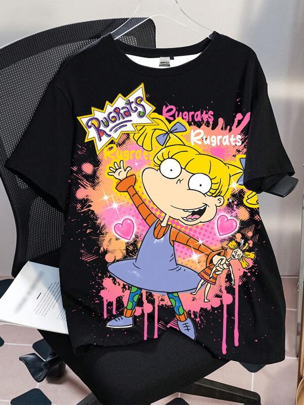 Nick 90s | SHEIN Áo thun ngắn tay cổ tròn in hình hoạt hình cỡ lớn, phong cách Y2K, dễ thương, dành cho nữ, thích hợp cho kỳ nghỉ lễ.