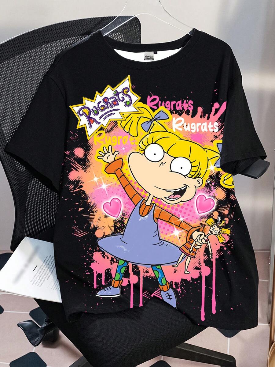 Nick 90s | SHEIN 大码休闲卡通图案圆领短袖T恤 Y2K可爱T恤 图案T恤 女款图案T恤 女款图案T恤 节日女装 - 黑色 - 查看 1