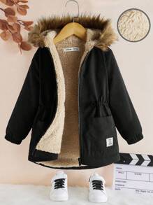 Tween Girls' Casual Oversized Warm Thermal Lined Fluffy Hooded Parka Coat,In Fall/Winter - Black - View 2