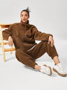 GLOWMODE 26 英寸日常羊毛宽松可调节抽绳腰部褶皱下摆慢跑裤带侧袋日常休闲 - 棕色 - 查看 7