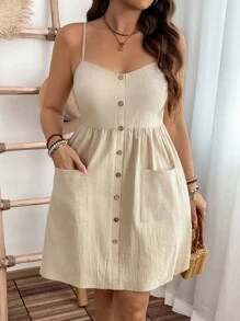EMERY ROSE Plus Size Casual Daily Summer Pure Cotton Texture Pocketed Waist Midi Strap Dress - Khaki - View 1