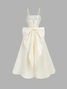 SHEIN MOD 杏色缎面蝴蝶结后背中长连衣裙 - 杏色 - 查看 2