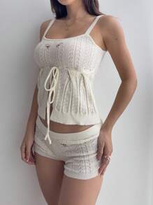 Sunnyshic Sexy & Cute Backless Camisole Top With Embroidery & Matching Embroidered Knit Shorts 2 Pieces Set, Versatile For Vacation - Apricot - View 5