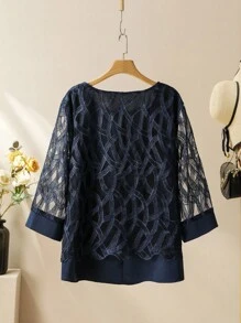 Lacomfia Camicetta da donna taglie forti con maniche a 3/4, in colore unito, con ricamo e rete - Blu Navy - Visualizzare 2
